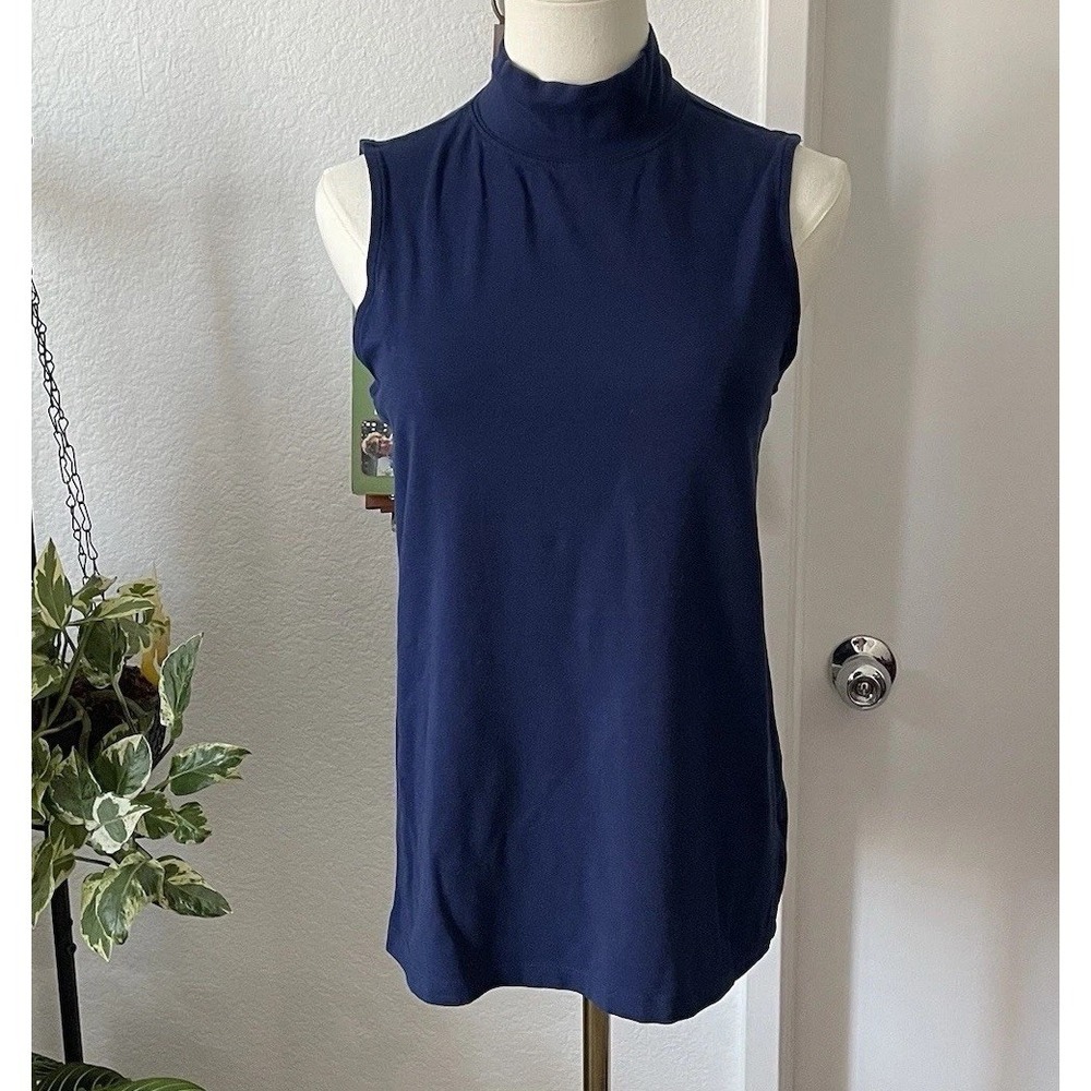 Lands' End Navy Mock Neck Sleeveless Top Womens S Stretch Cotton Layering Tank